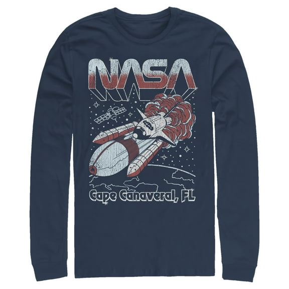 Men's NASA Cape Canaveral FL Blast Off Retro  Long Sleeve Shirt Navy Blue Medium