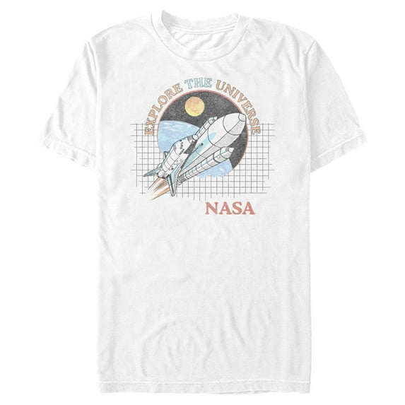 Men's NASA Explore The Universe Rocket Retro Logo Graphic Tee White Medium