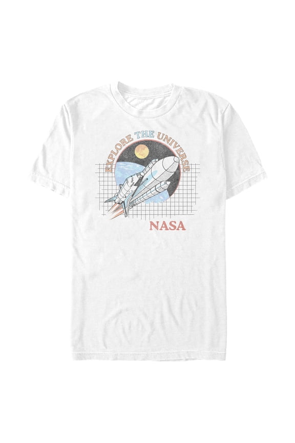 Men's NASA Explore The Universe Rocket Retro Logo Graphic Tee White Small