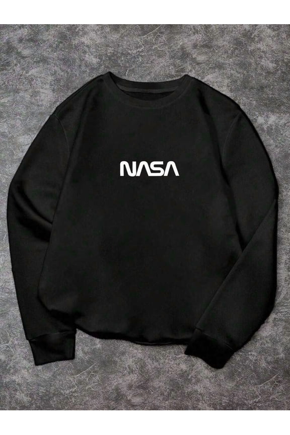 Men's NASA Graphic Crew Neck Sweatshirt - White Long Sleeve Pullover, Black Letter Print, Loose Version Casual Sports Design, Heat Transfer Flower, Regular Length Casual Wear, Comfort Clothing | Swea