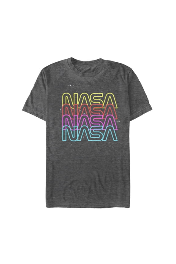 Men's NASA Neon Rainbow Repeat Text Logo Graphic Tee Charcoal Heather 2X Large