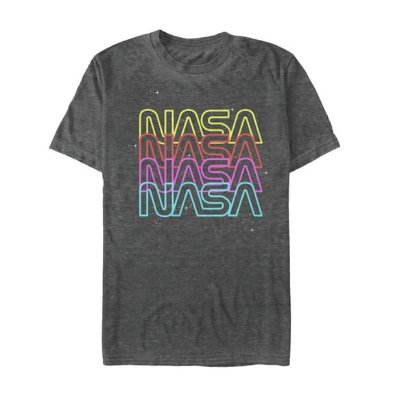 Men's NASA Neon Rainbow Repeat Text Logo Graphic Tee Charcoal Heather 2X Large