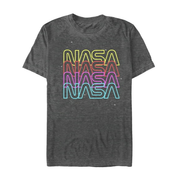Men's NASA Neon Rainbow Repeat Text Logo  Graphic Tee Charcoal Heather Large