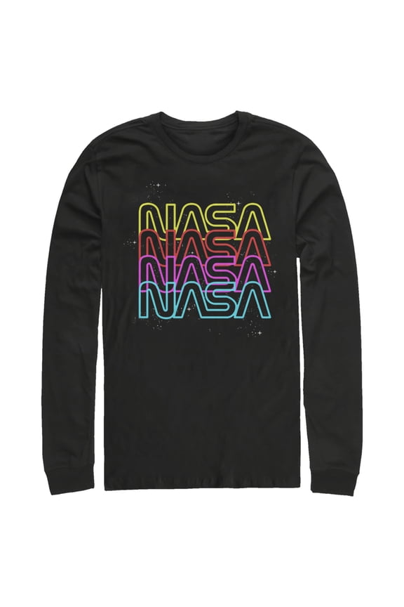 Men's NASA Neon Rainbow Repeat Text Logo Long Sleeve Shirt Black Large