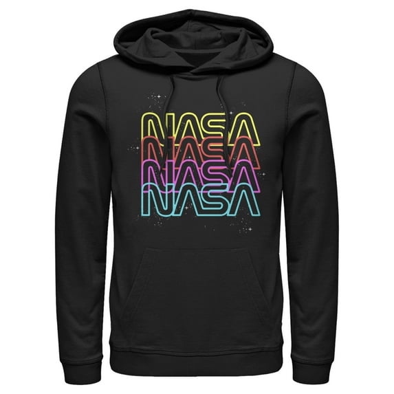 Men's NASA Neon Rainbow Repeat Text Logo Pull Over Hoodie Black Large