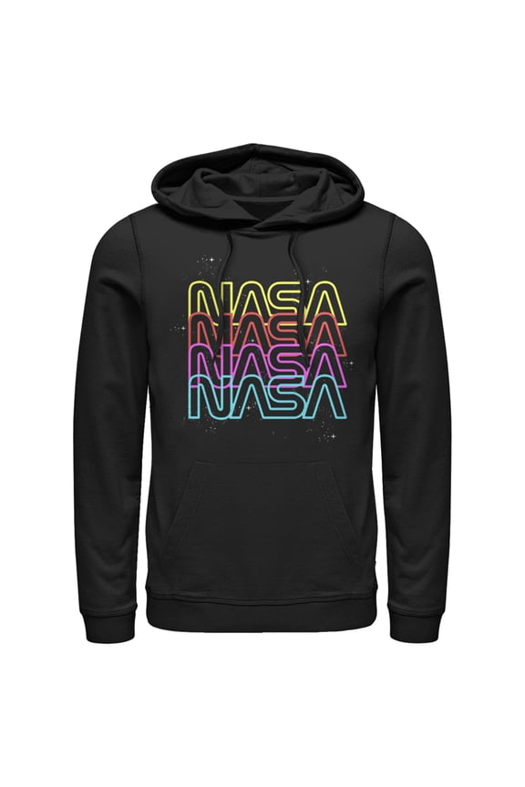 Men's NASA Neon Rainbow Repeat Text Logo Pull Over Hoodie Black Medium