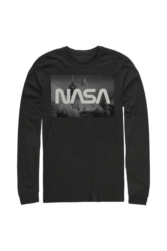 Men's NASA Space Shuttle Blast Off Text Over Lay Long Sleeve Shirt Black X Large
