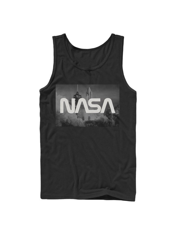Men's NASA Space Shuttle Blast Off Text Over Lay Tank Top Black X Large