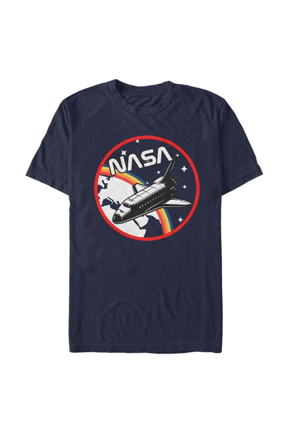 Men's NASA Space Shuttle Travel Over Rainbow Graphic Tee Navy Blue Medium