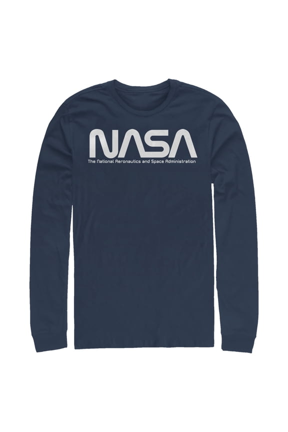 Men's NASA Text Simple Logo Long Sleeve Shirt Navy Blue 2X Large