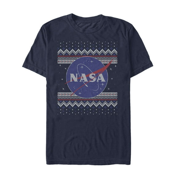 Men's NASA Ugly Christmas Logo Print  Graphic Tee Navy Blue Large