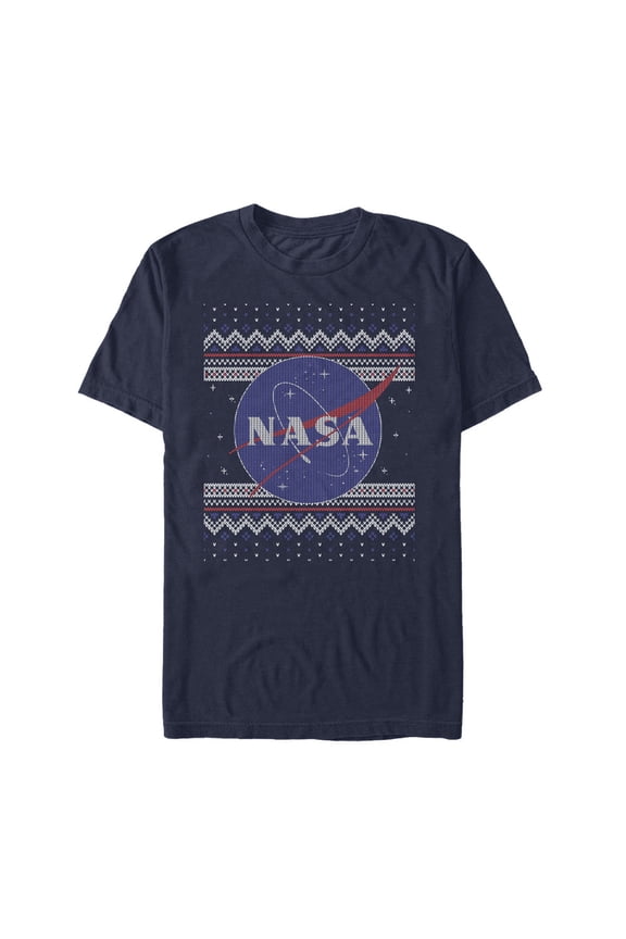 Men's NASA Ugly Christmas Logo Print Graphic Tee Navy Blue Large