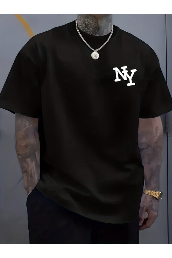 Men's NY Logo Print T-Shirt - Casual Short Sleeve Round Neck Machine Washable White Tee with Bold NY Lettering for Casual Attire, Iconic City Design for Travel & Outfits
