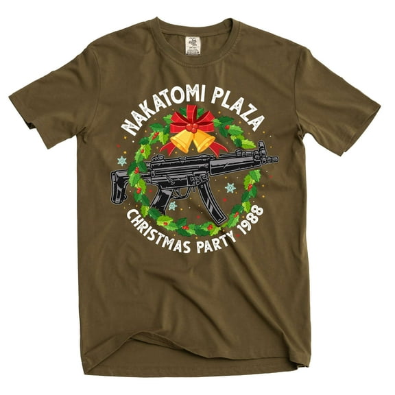 Men's Nakatomi Plaza T-shirt Christmas Party 1988 Tee popular culture tshirt (4X-Large Military Green)