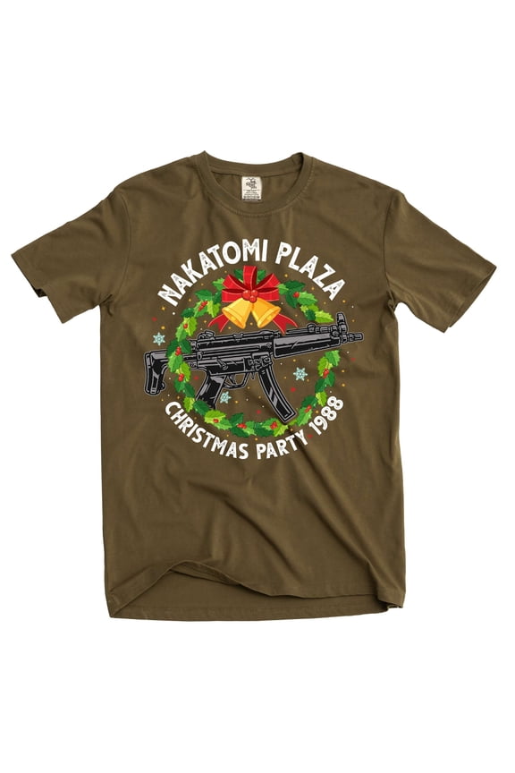 Men's Nakatomi Plaza T-shirt Christmas Party 1988 Tee popular culture tshirt (4X-Large Military Green)
