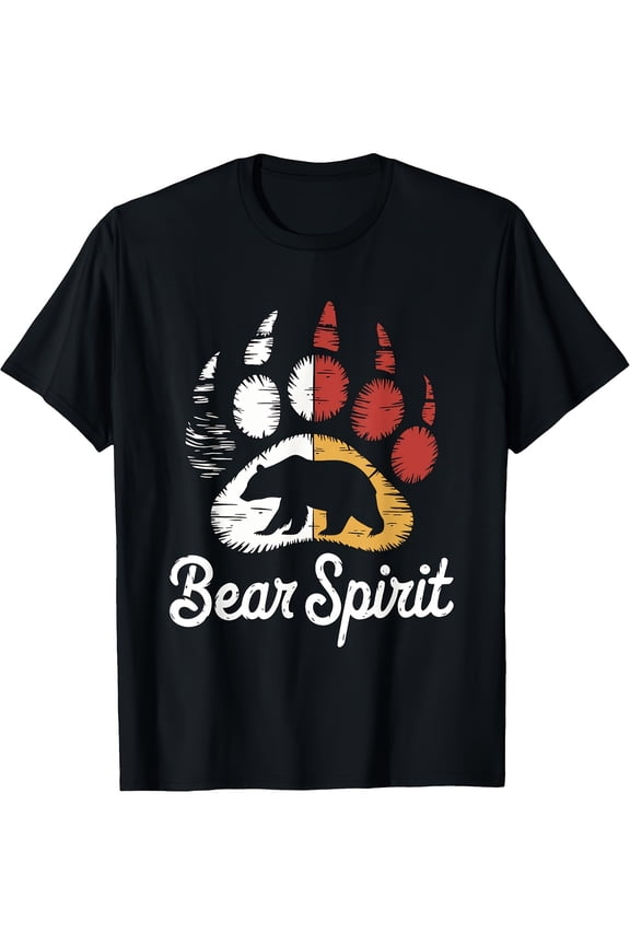 Men's Native American Medicine Wheel & Bear Spirit T-Shirt - Black Tribal Cultural Design with Red/Yellow Bear Paw Print, 180gsm Short Sleeve Round Neck Tee Size XL
