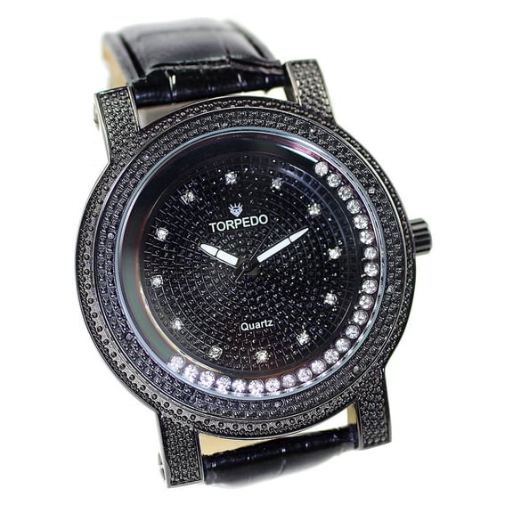 Men's Natural Diamond Black Clubbing Watch 51mm 14mm Thick case.Diamond accent bezel, CZ and Black dial, 22mm wide black leather strap fits 9 inches wrist.