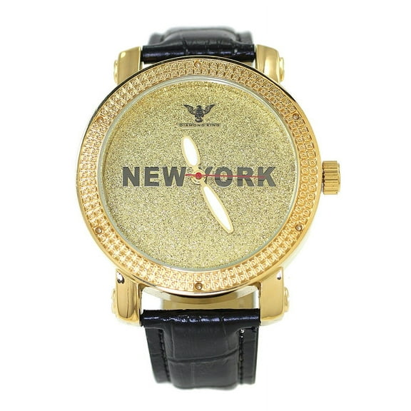 Men's Natural Diamond Gold-Tone Clubbing NEW YORK Watch 50mm 13mm Thick case.Diamond accent bezel, Gold dial, 22mm wide black leather strap fits 8.5 inches wrist.