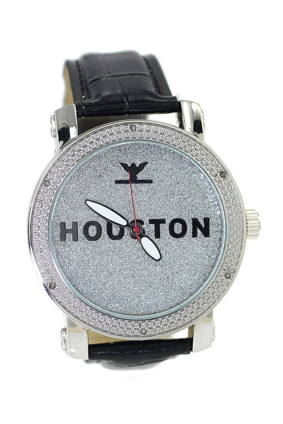 Men's Natural Diamond Silver-Tone Clubbing HUSTON Watch 50mm 13mm Thick case.Diamond accent bezel, Silvr Bling dial, 22mm wide black leather strap fits 8.5 inches wrist.