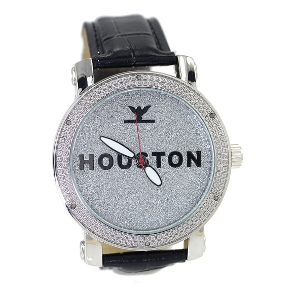 Men's Natural Diamond Silver-Tone Clubbing HUSTON Watch 50mm 13mm Thick case.Diamond accent bezel, Silvr Bling dial, 22mm wide black leather strap fits 8.5 inches wrist.