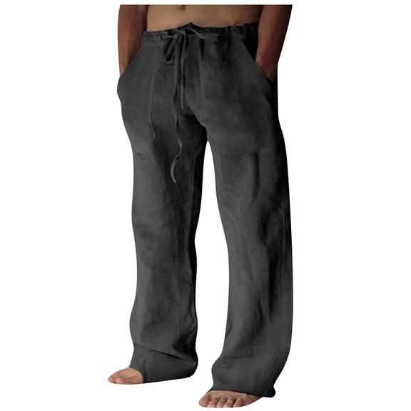 Men's Natural Linen Pants - Soft Cotton Breathable Elastic Waist Loose-Fit Trousers for Summer Comfort ,Black,L