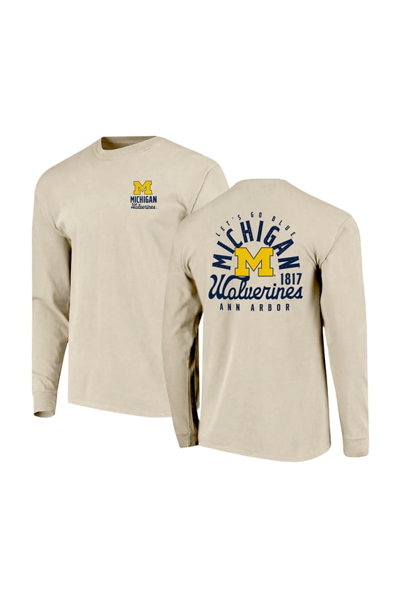 Men's Natural Michigan Wolverines Comfort Colors Mascot Overlay Long Sleeve T-Shirt