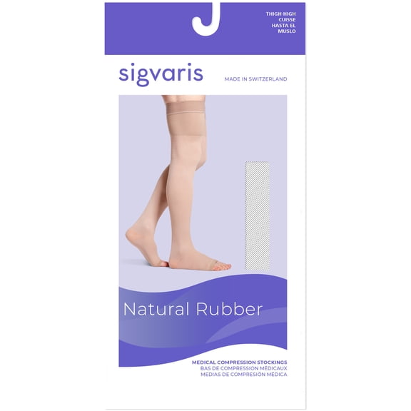 Sigvaris Specialty 503 Rubber Series 30-40 Open Toe Thigh High Compression w/Grip Band Beige L1 Short