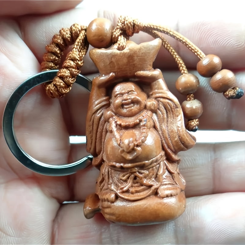 Men's Nature Mahogany Carving Key Ring, Details of the Buddha Stature Design, Business Style -DURable Wood and Metal Ring Accessories, Wealth Symbols | Spiri Tual Embellishment | Unique Key Ring