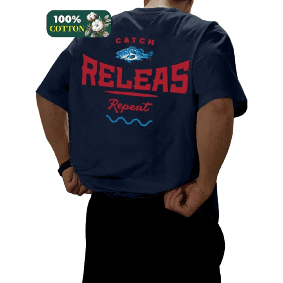 Men's Navy Blue 100% Cotton Short Sleeve Tee with "CATCH RELEASE Repeat" Fishing Motif - Leisure Fishing Wear XL