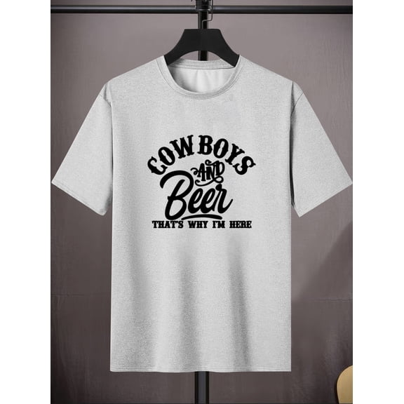 Men's Navy Blue Graphic Print T-Shirt - "COWBOYS & Beer" Casual Short Sleeve Tee, Medium Stretch Round Neck for Spring Summer Fall, Regular Fit Adult & Teen Sizes, Spring Summer Apparel