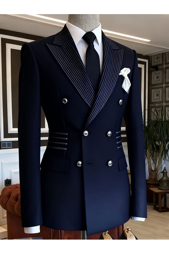 Men's Navy Blue Pinstripe Lapel Double-Breasted Blazer, Slim Fit Formal Suit Jacket with Silver Buttons for Business, Weddings & Events
