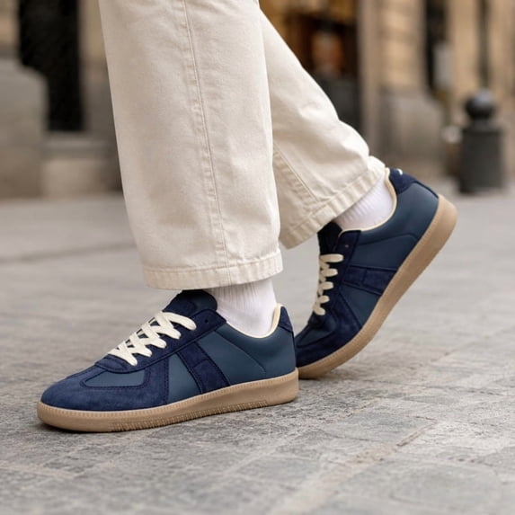 Men's Navy Blue Retro Leather & Suede Sneakers