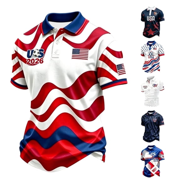 Men's Navy Blue Short Sleeve Polo Shirt with USA Star Pattern & Red White Stripes, Breathable Casual Sport Top for Soccer Fans, Regular Fit for Game Day, Outdoor Wear