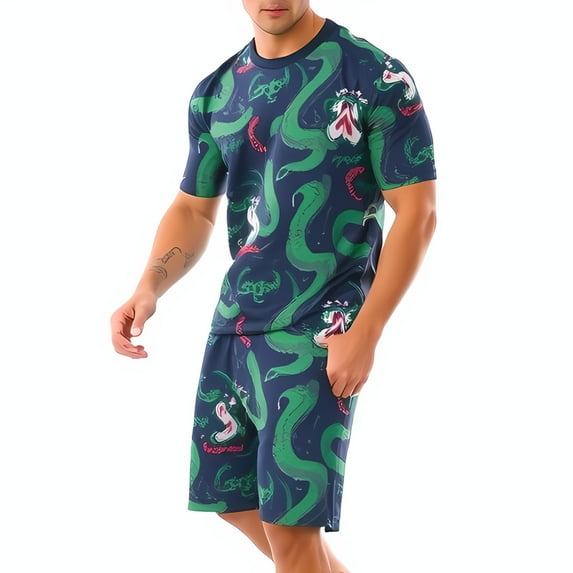 Men's Navy Blue Snake Pattern T-Shirt and Shorts Set - Vibrant Green Snakes Multi - Language 'Snake' Design Stylish Summer Outfit