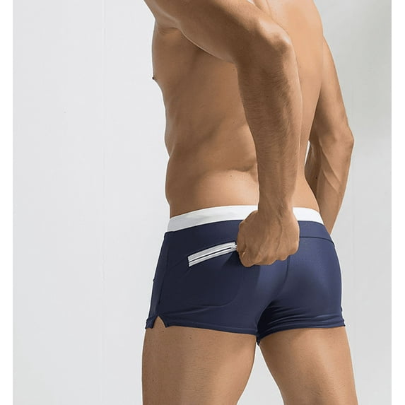 Men's Navy Blue Swim Trunks Square-Cut With Pocket Quick Dry Swimsuit Bathing Suit