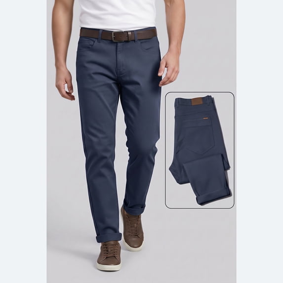 Men’s Navy Chino Pants, Regular Fit Straight Leg Casual Work Trousers with Pockets