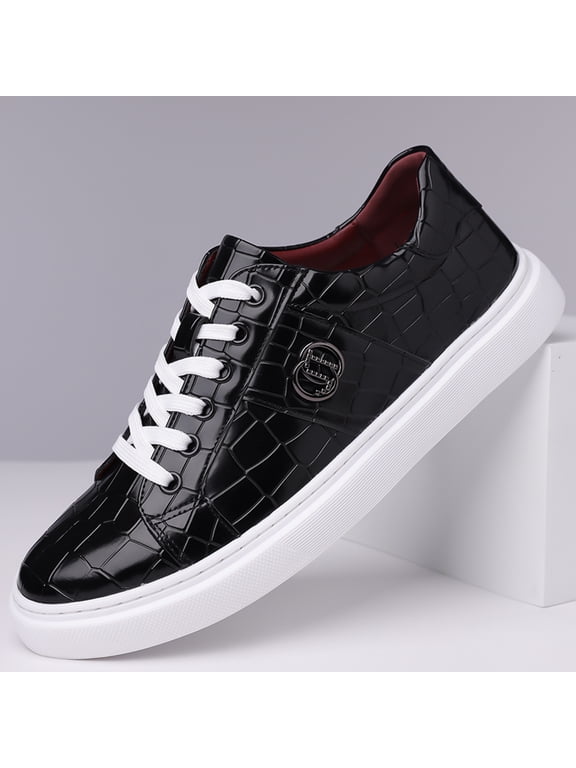 Men's Navy Croc Embossed Lace Up Casual Sneakers, Round Toe Microfiber Leather Low Top Business Casual Shoes