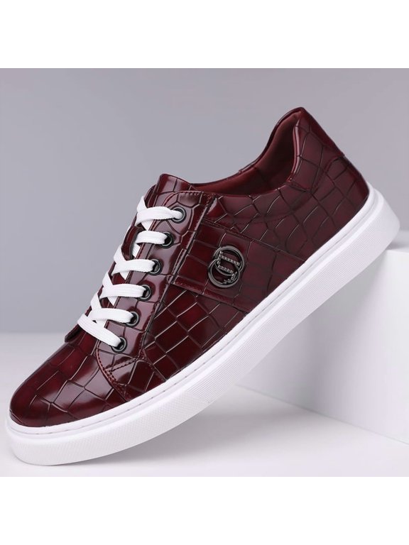Men's Navy Croc Embossed Lace Up Casual Sneakers, Round Toe Microfiber Leather Low Top Business Casual Shoes