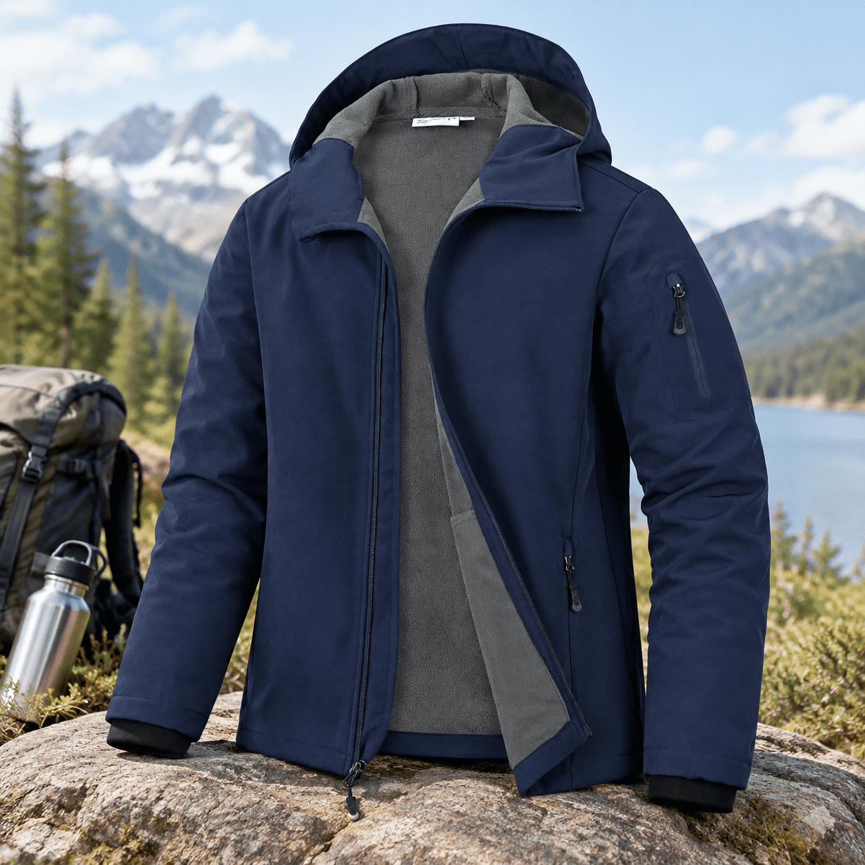 Men's Navy Large Hooded Fleece Lined Waterproof Lightweight Rain Shell ...