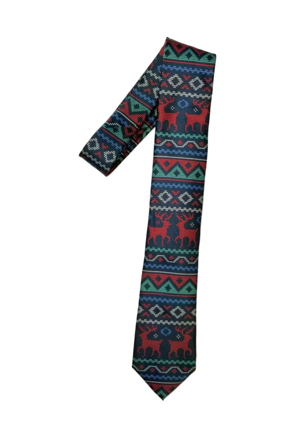 Men's Navy Neck Tie Christmas Faux Cross stitch Deer Holiday Necktie