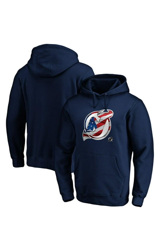 Men's Navy New Jersey Devils Banner Wave Logo Pullover Hoodie
