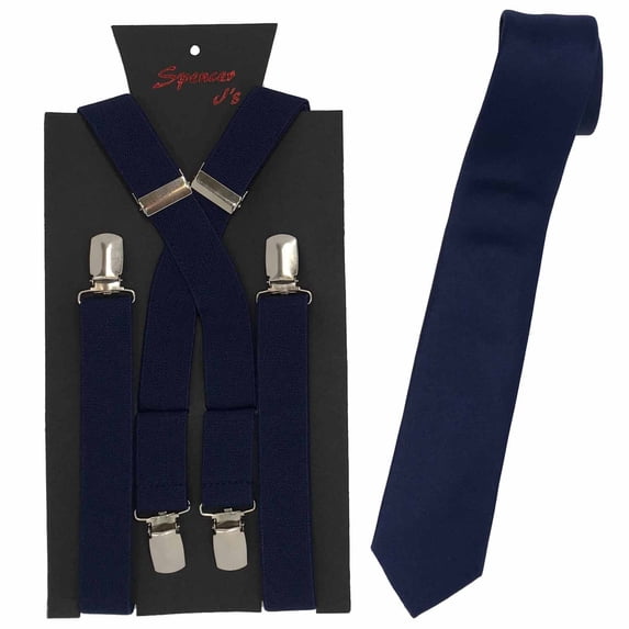 Men’s Navy Suspenders & Satin Skinny Tie Collection in a variety of colors by Spencer J’s