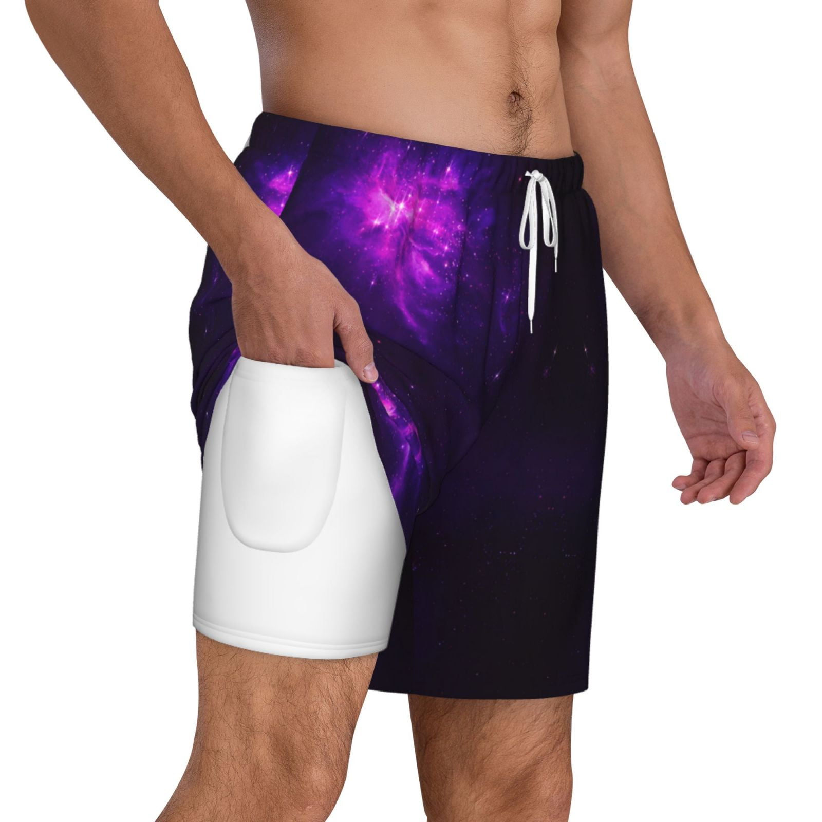 Men's Nebula Galaxy Purple Swim Trunks with Compression Liner Bathing Suit Swimwear