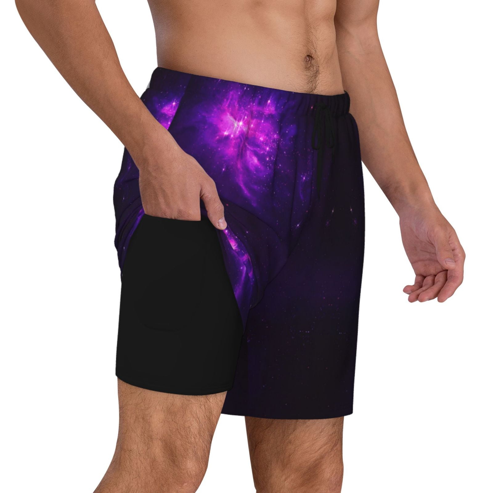 Men's Nebula Galaxy Purple Swim Trunks with Compression Liner Bathing Suit Swimwear