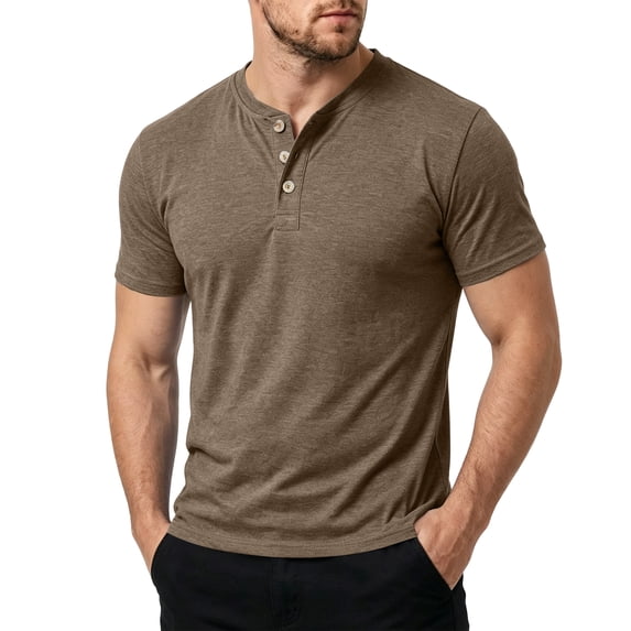 Men's Neck Short Sleeve T Shirt Breathable Casual Button Placket Tee Solid Color Slim Fit Lightweight Summer Tops