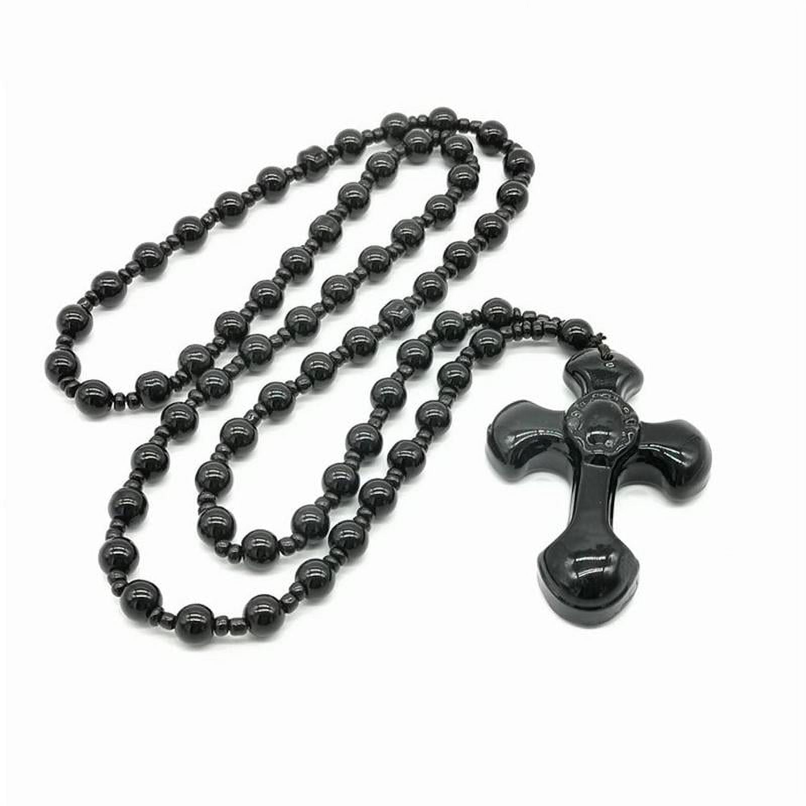 Men's Hip Hop 15mm MATTE BLACK Beads Guadalupe Rosary & Jesus Cross  Necklace BK