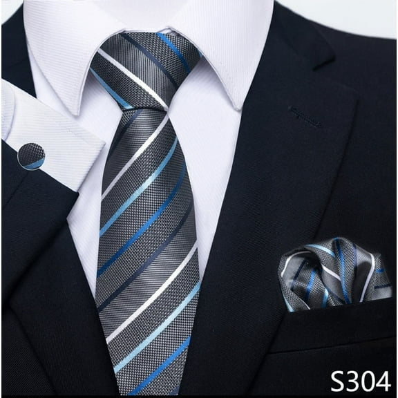 Men's Neckties Set,Handkerchief Cufflink Business Formal Grey Striped Ties for Men