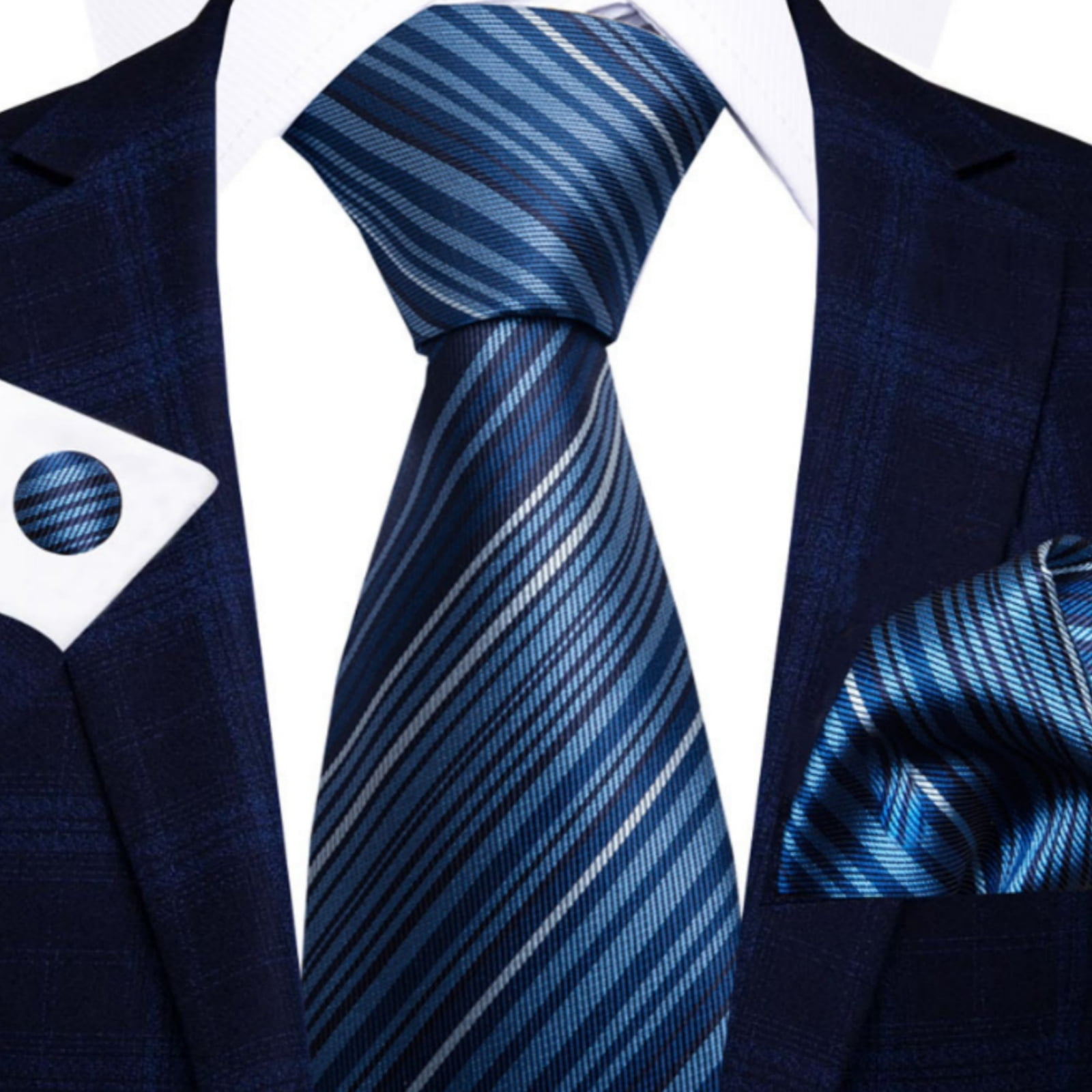 Men's Neckties Set,Handkerchief Cufflink Business Formal Navy blue Striped Ties for Men