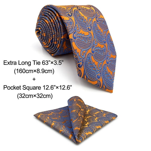 Men's Neckties Ties Orange Pumpkin Paisley Extra Long Size 63" with Pocket Square