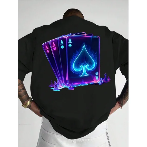 Men's Neon Ace Playing Cards Poker Graphic Short Sleeve T-Shirt